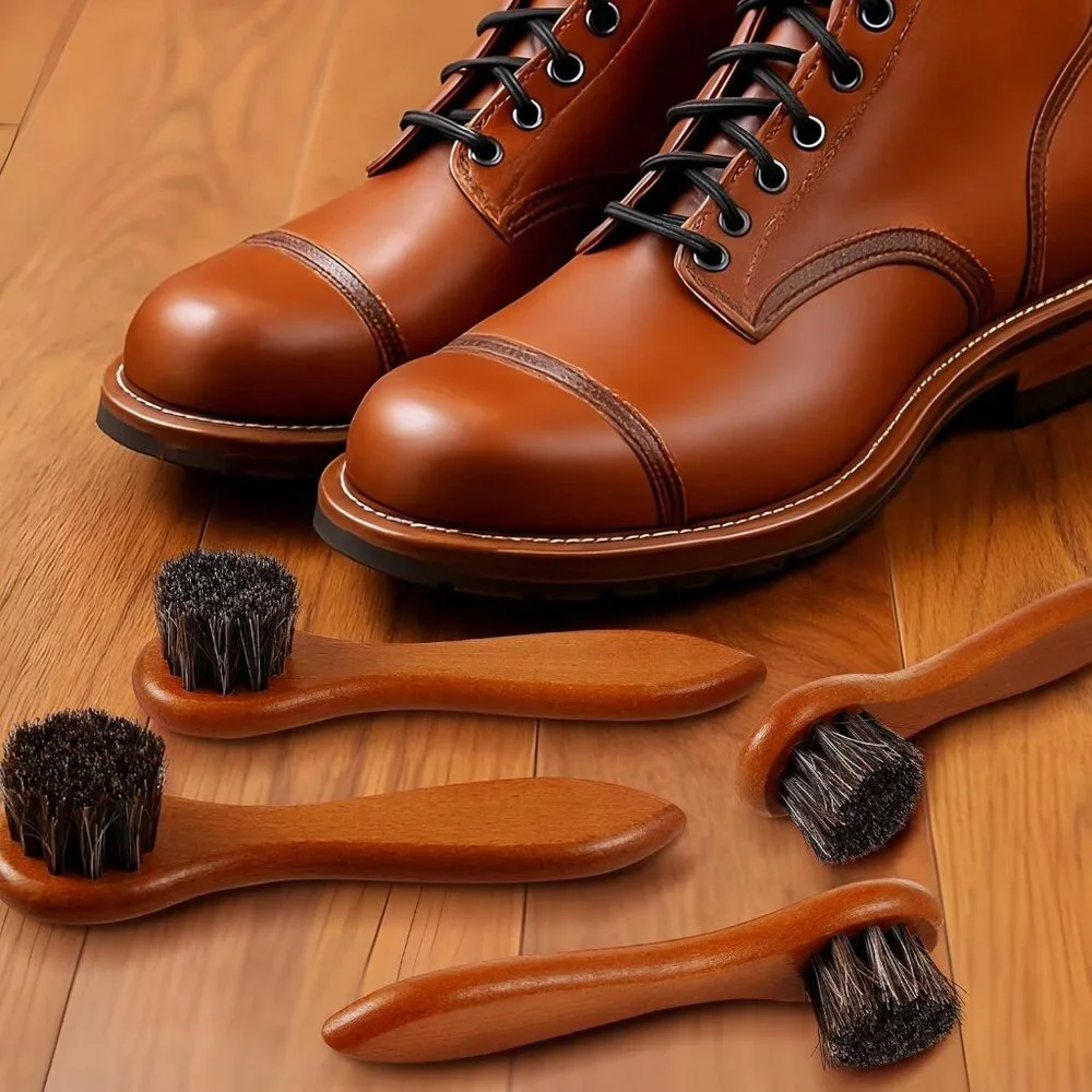 4-In-1 Wooden Handle Horsehair Brush Kit with Microfiber Cloth for Shoe Shine